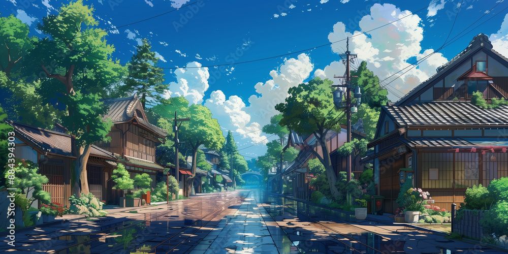 Obraz premium Japanese or fantasy eastern landscape. Anime Spring summer autumn art. Beautiful view small town downtown background. Digital painting. Poster, invitation, flyer, banner, header. Generative Ai content
