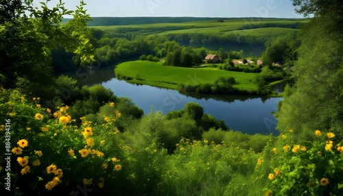 Summer. Panoramic view from the mountain to the river.