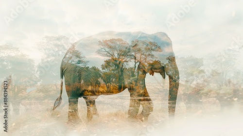 A creative double exposure of an elephant with a forest landscape, blending wildlife and nature seamlessly in a dreamy composition.