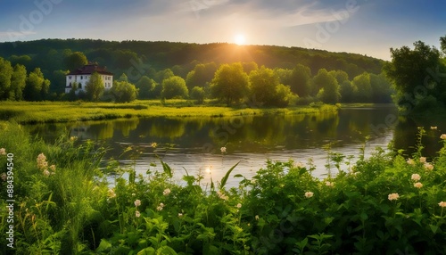 Summer, evening, beautiful landscape, sunset across the river.