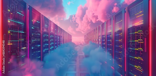  Illustration of a network server room filled with white smoke with a pink cloud background