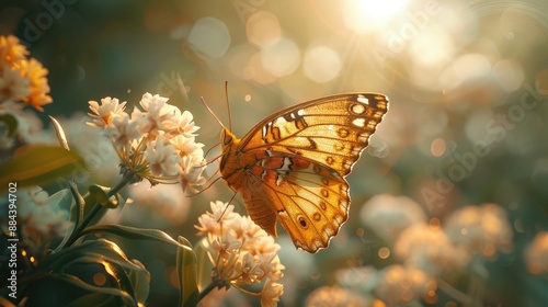 Close-up of a butterfly on a flower, with large copy space around the subject