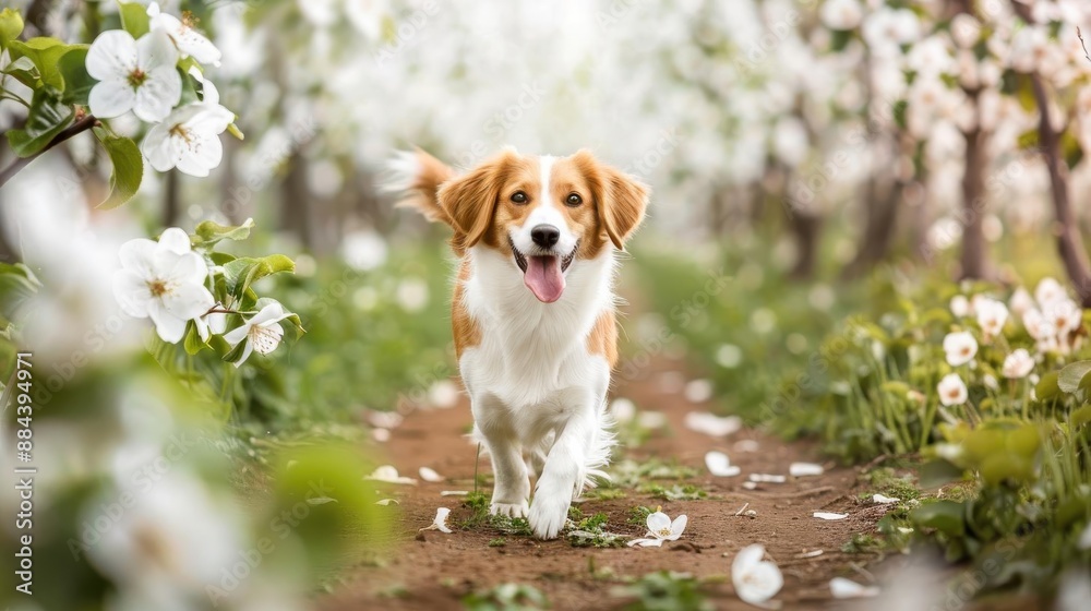 Happy dog running through a blooming orchard in springtime. Happy dog running through a blooming orchard in springtime.