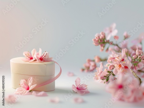 A white box with pink flowers arranged neatly on a table