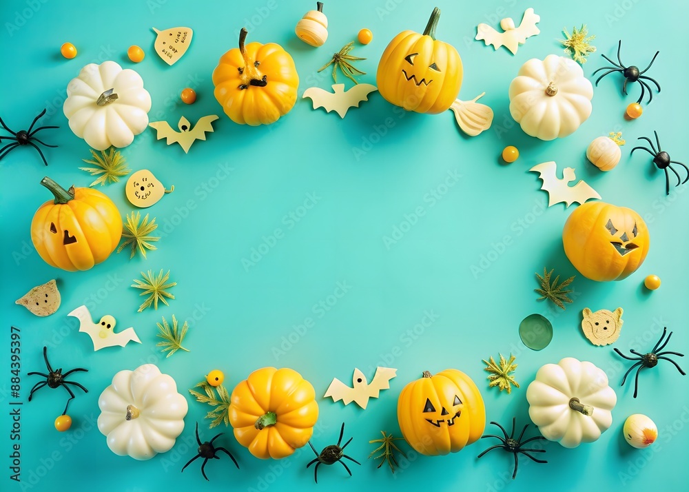 Fototapeta premium Happy halloween card in flat lay style. Halloween frame with party decorations of pumpkins, bats, scary ghosts, candy, spiders on background.