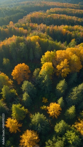 Drone Capture Transition from Yellow Autumn to Green Summer Forest