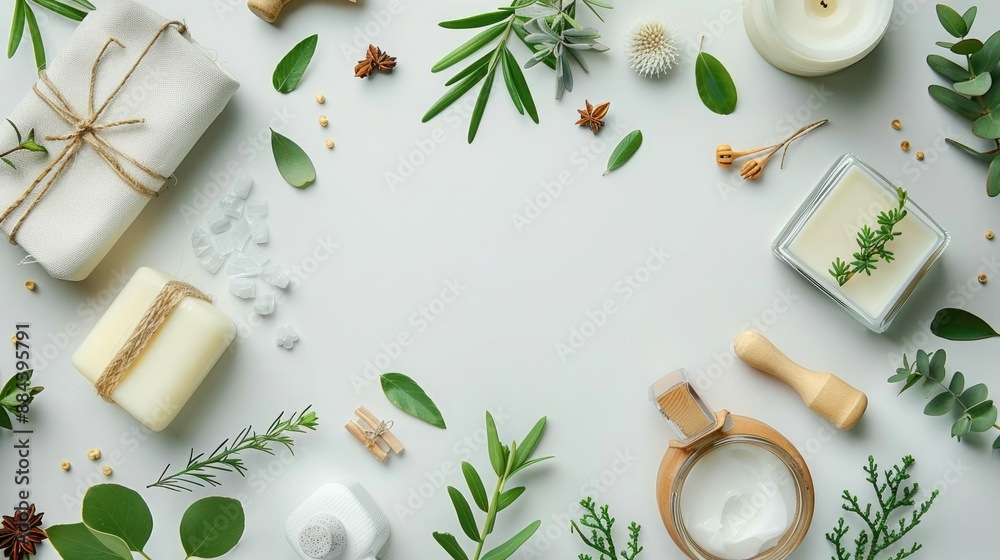 Eco-Friendly Household Items Flat Lay: White Background