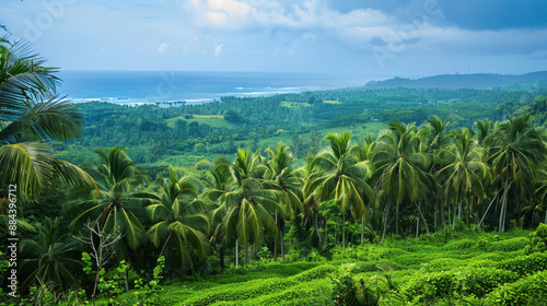 A picturesque view of a coastal coconut plantation, with the ocean visible in the distance © Chatchanan