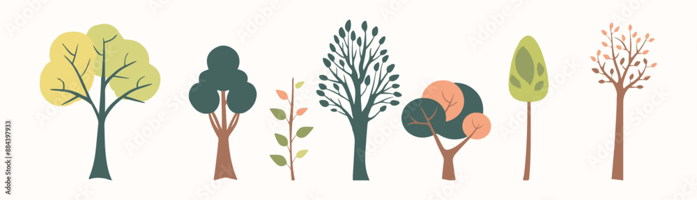 Tree and leaf collection hand drawn flat design element. botanical set of bare trees and ones with leaves and lush limited pastel color
