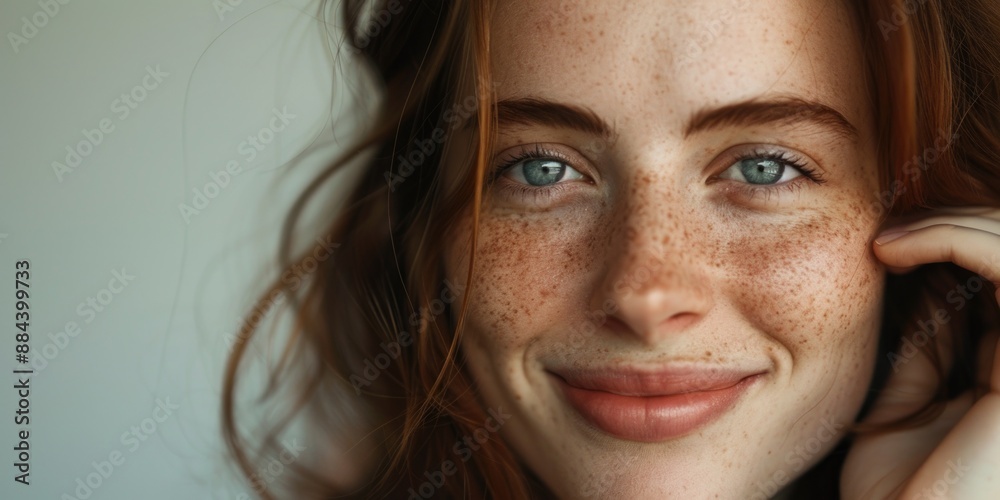 Close-up portrait of a woman with freckled skin, ideal for beauty and lifestyle themes