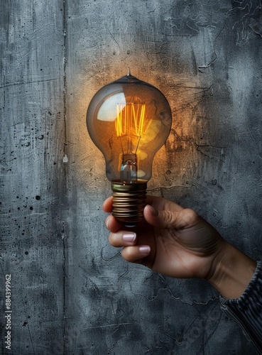 A Single Vintage Light Bulb Hanging Against a Gray Concrete Wall