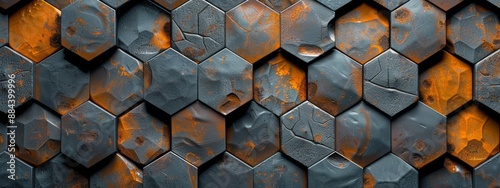Close Up of Wet Black Hexagonal Tiles With Orange Lighting