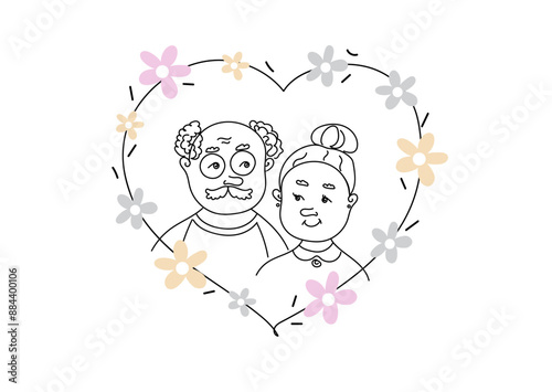 line art of national Grandparent`s Day. Cute funny couple grandparents.  A hand-drawn vector doodle banner, copy space.Happy national Grandparent`s Day