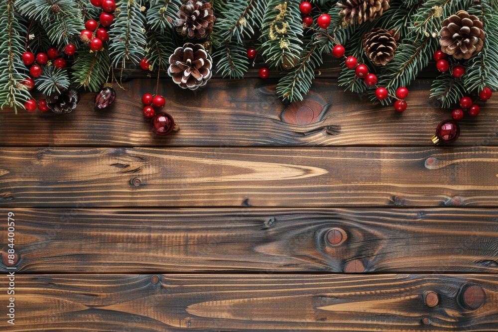 Rustic Wooden Background With Pine Branches, Ornaments, and Red Berries Rustic Wooden Background With Pine Branches, Ornaments, and Red Berries