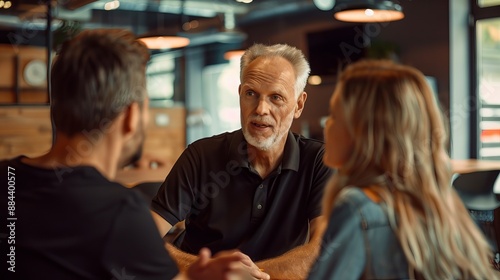 This image captures an older man deep in conversation with two younger people, suggesting themes of mentorship, guidance, and intergenerational dialogue.