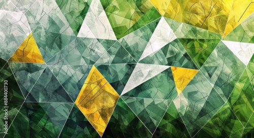 Abstract Geometric Pattern of Green, Yellow, and White Triangles