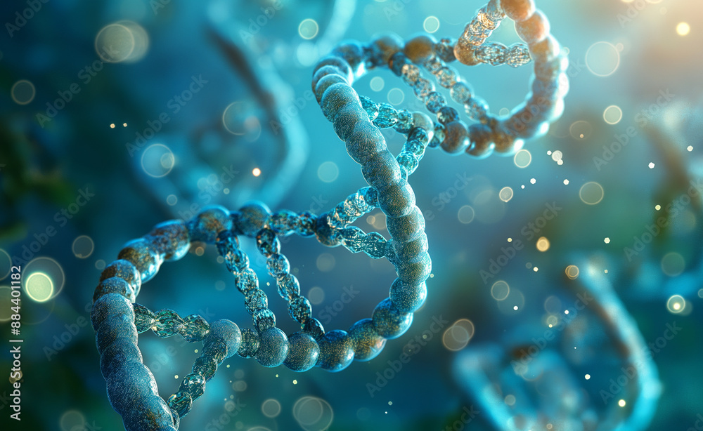 Close-up of a DNA double helix strand with glowing details. Close-up of a DNA double helix strand with glowing details.