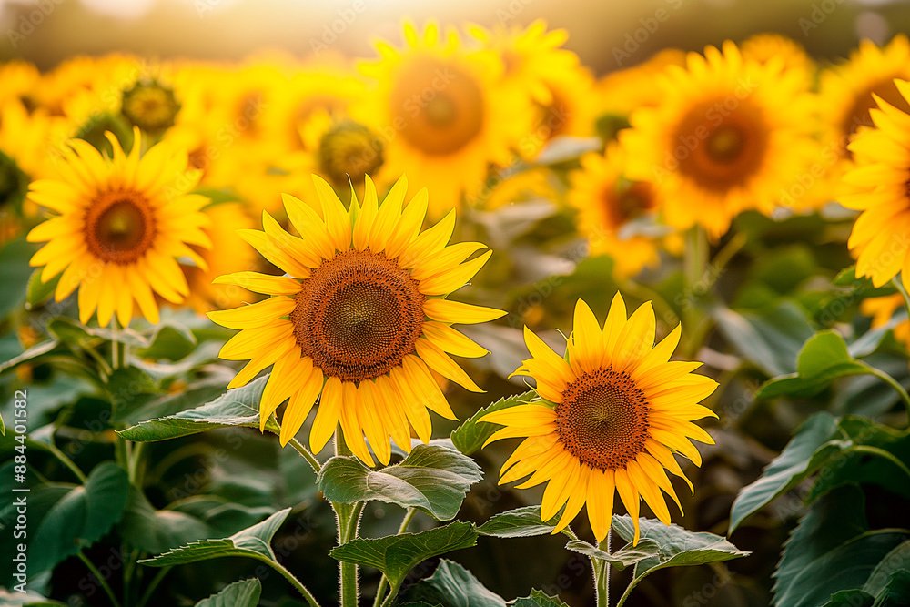 Fototapeta premium beautiful fresh yellow sunflowers flowers in full frame background