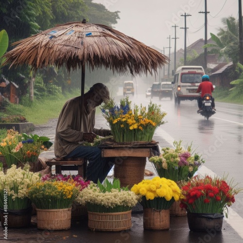 a poor old man selling plants and flowers,sitting at side of a bussy road  and it is raining also  photo