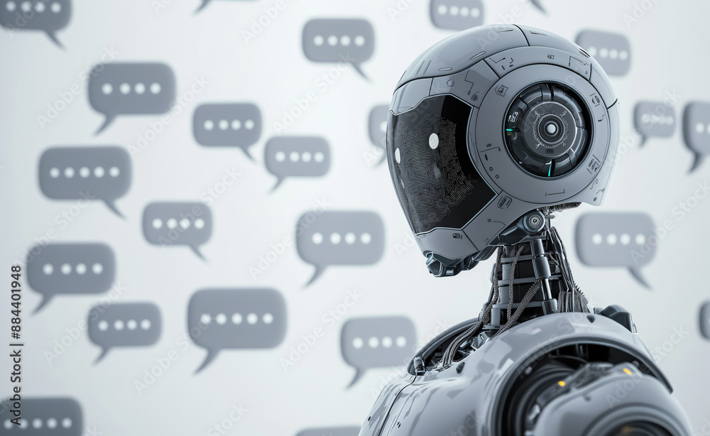 Robot with speech bubbles on a light background, facing right. Robot with speech bubbles on a light background, facing right.