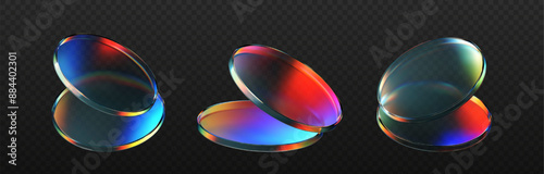 3d glass flying product podium with rainbow, holographic effect isolated on dark background. Render transparent glass cosmetic or award pedestal, disk stage with iridescent gradient. 3d vector figure