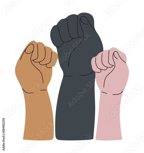 three fists of different races, symbolizing unity and support in the fight for justice.