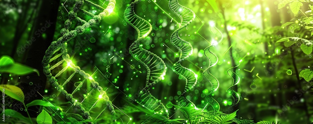 Illustration of a row of neon green DNA cells on a forest background Illustration of a row of neon green DNA cells on a forest background