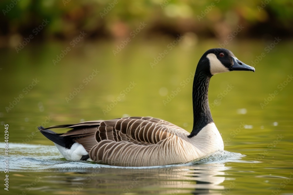 Elegant canadian goose glides smoothly on a serene lake with lush greenery background Elegant canadian goose glides smoothly on a serene lake with lush greenery background