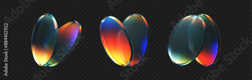 3d crystal glass plate set with rainbow, holographic effect isolated on dark background. Render transparent glass disk, product podium or mirror with iridescent gradient texture. 3d vector figure