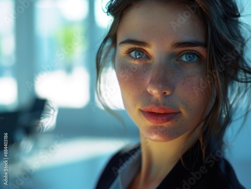 A close-up shot of a woman's face with visible freckles, suitable for use in beauty or personal care advertising