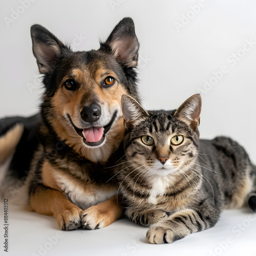 Portrait of Happy Dog and Cat Looking at the Camera Together Isolated on White Background, Depicting Friendship and Amazing Friendliness Between Pets