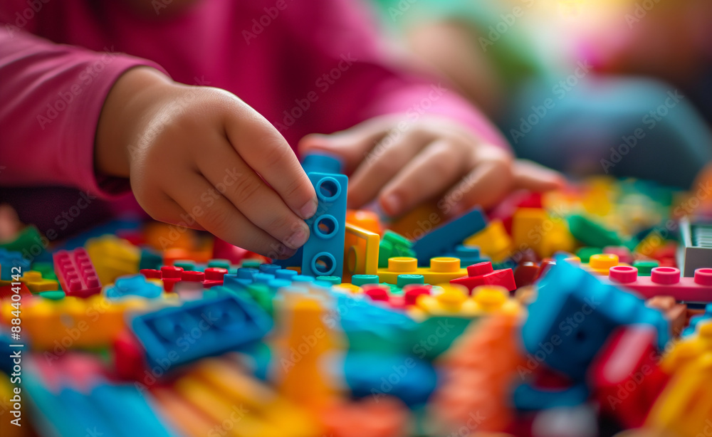 Children's hands playing with colorful building blocks. Children's hands playing with colorful building blocks.