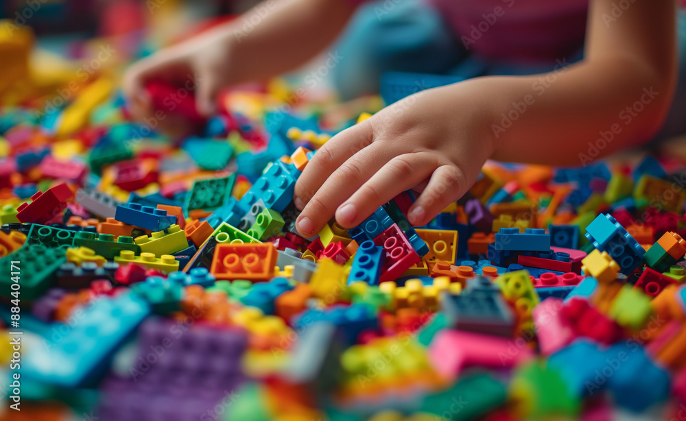 Fototapeta premium Children's hands playing with colorful building blocks.