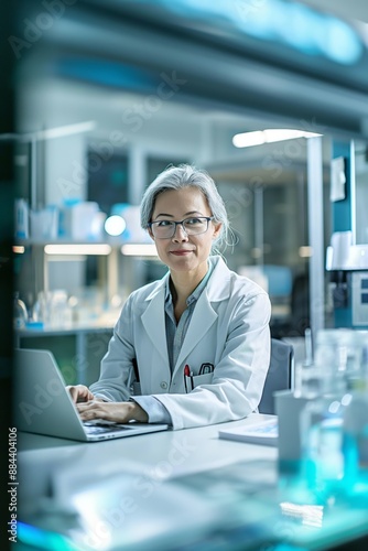 Elderly woman smiling while working in a laboratory, utilizing biotechnology and medical expertise with a laptop.