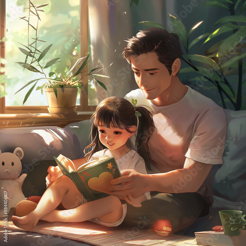 Father and his daughter reading a book