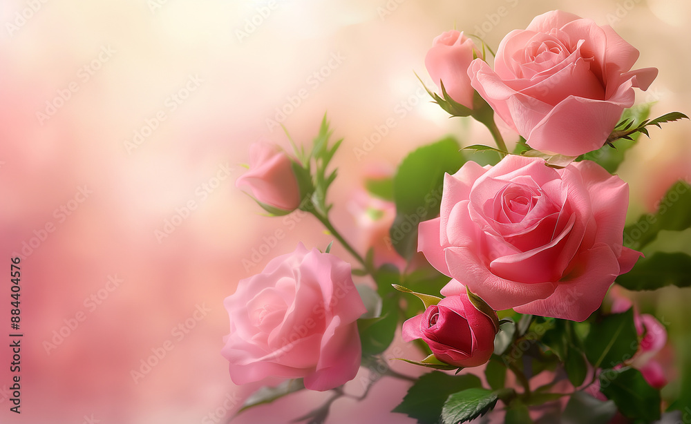 Pink roses with green leaves arranged on a matching pink background.
