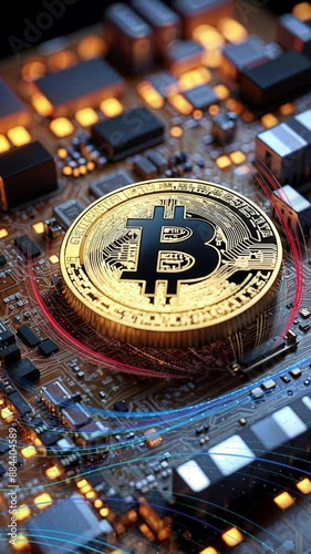 Wallpaper Mural A 3D illustration shows a golden Bitcoin coin placed on a circuit board. concept between cryptocurrency and blockchain technology, innovation and technological progress. Torontodigital.ca