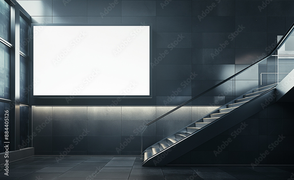 Blank billboard above an escalator in a modern building. Blank billboard above an escalator in a modern building.