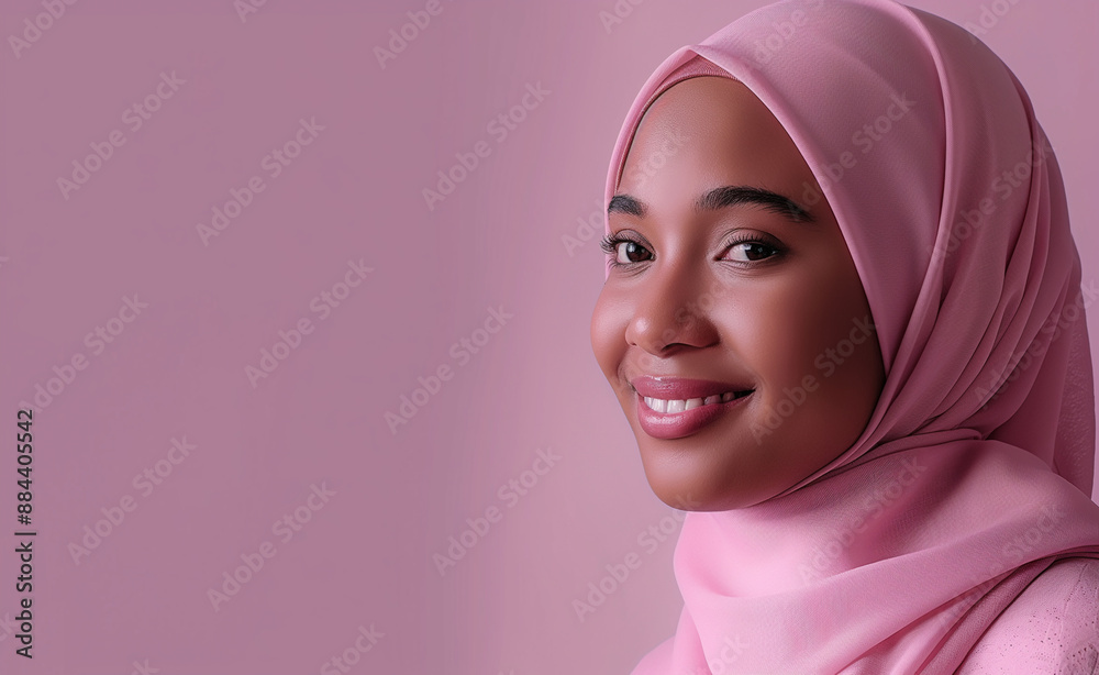 Smiling woman in a pink hijab against a matching pink background. Smiling woman in a pink hijab against a matching pink background.