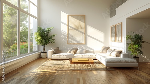 A modern and bright living room features a white sectional sofa, wooden flooring, large windows offering a view of lush greenery, creating a serene atmosphere. photo