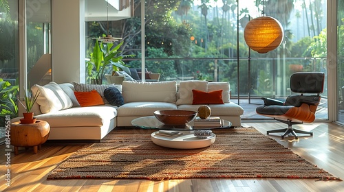 A stylish living room features a white sofa with vibrant orange accents, modern furniture, and large windows with views of lush, natural surroundings to elevate comfort. photo