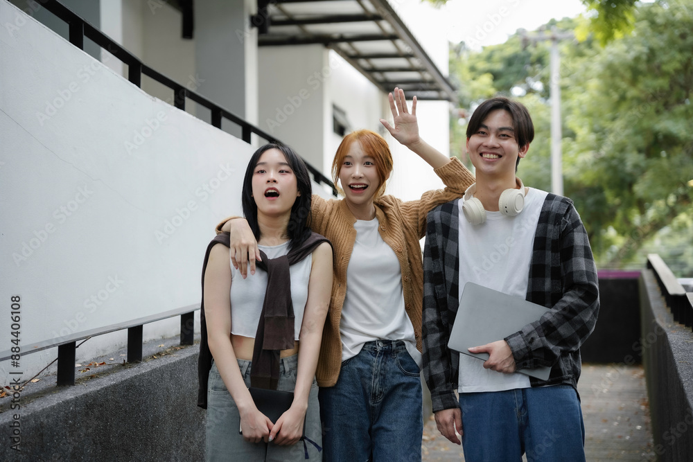 Fototapeta premium Three young people walking on a school campus, holding books and a laptop, excited for a new semester together