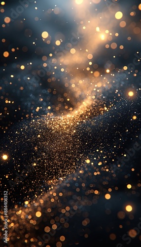Vertical Banner, Shiny shining dark and gold sparkles macro photo and blurred bokeh, background for Christmas, birthday and new year