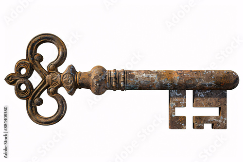 A close-up of a vintage rusty key with a detailed and intricate design against a white background emphasizing its historic charm