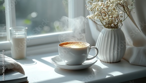 A white cup of coffee on a white table by the window, autumn outside the window