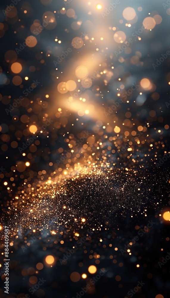 Obraz premium Banner, Shiny shining dark and gold sparkles macro photo and blurred bokeh, background for Christmas, birthday and new year