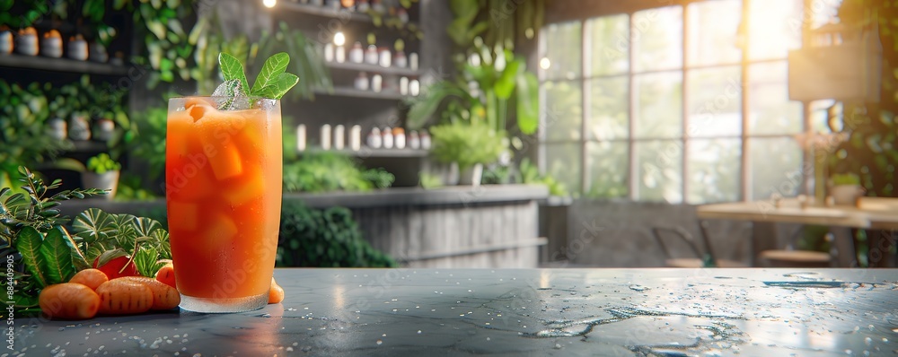 A glass of carrot juice with several carrots around it on a table in a room with glass walls A glass of carrot juice with several carrots around it on a table in a room with glass walls