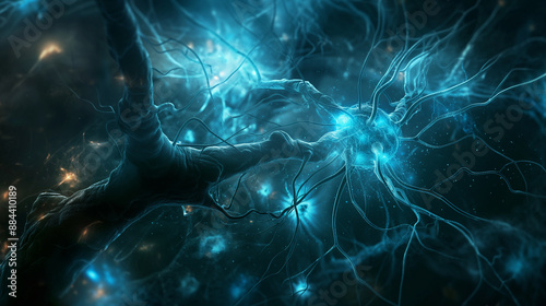  An artistic rendering of neurons with glowing blue synapses against a dark background. photo