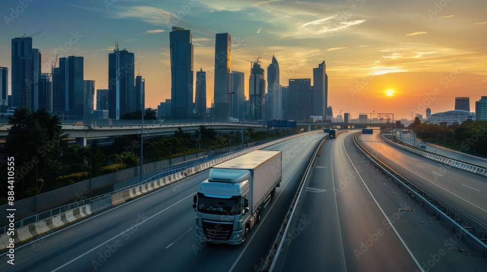 Naklejka premium Logistics truck driving on a highway with a city skyline in the background.