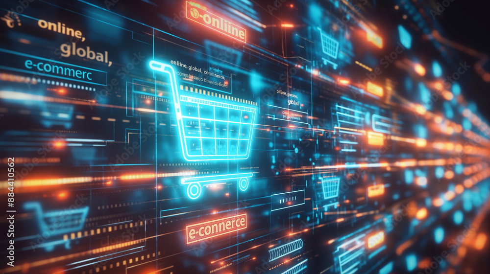 A digital shopping cart icon with A digital shopping cart icon with